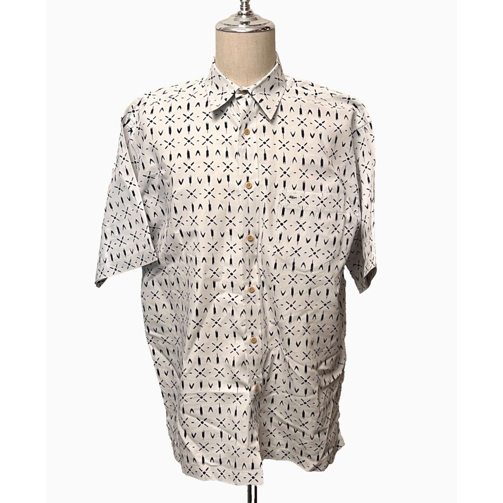 Vtg 90's HILFIGER SURF CO. Men's L  Cotton Shirt Hawaiian Tribal White Blue EUC